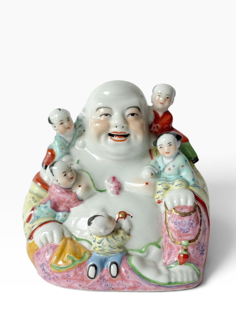 Vintage Chinese Export Laughing Buddha with Children Porcelain Statue Figurine